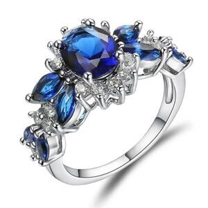 NEW COSTUME JEWELRY FASHION RING BLUE ZIRCON RHINESTONES SILVER BAND SIZE 6